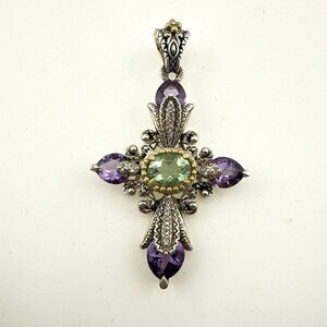 Barbara Bixby Pendant 18K Gold Sterling Silver Cross Amethyst Fluorite Purple